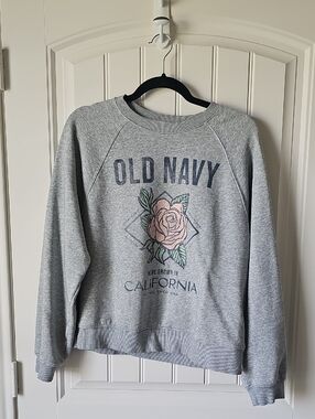 Old Navy Gray Crewneck Sweatshirt with Pink Rose Graphic